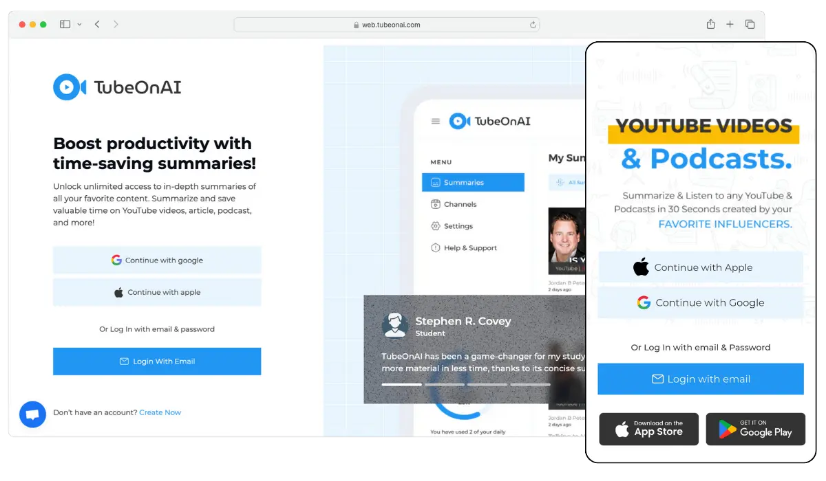 TubeOnAI web & mobile app login page
